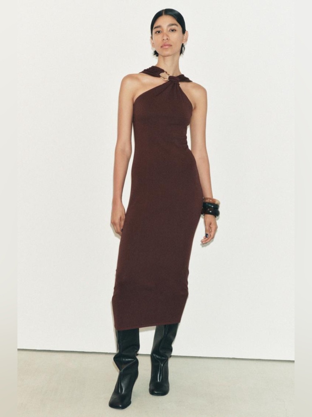 Zara Brown Halter Midi Dress with Knotted Neckline